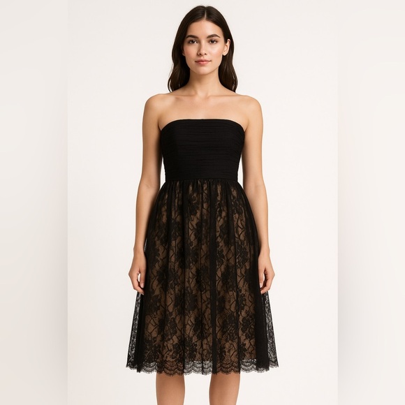 Ann Taylor Dresses & Skirts - Ann Taylor Strapless Black Dress Size 6 | Lace Overlay Cocktail Party Midi